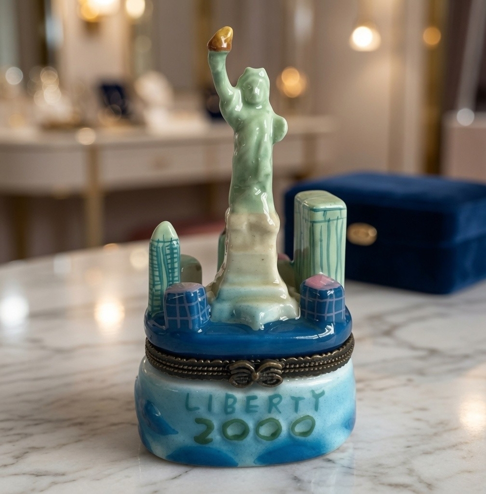 VNTG Liberty 2000 Hinged Trinket Box NYC Statue of Liberty Twin Towers Rare NIB